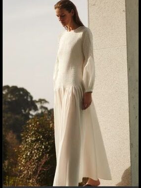 Zara Home Cotton Long-Sleeve Pleated Midi Beach Dress